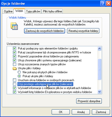 2. Konfiguracja uprawnień w systemie Windows XP PAMIĘTAJ: Aby nadawać uprawnienia w systemie Windows XP musimy włączyć zaawansowane udostępnianie plików: Otwieramy Mój Komputer / My Computer