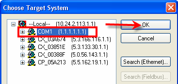 Na koniec w programie TwinCAT System Manager wybieramy funkcję Choose Target System i wskazujemy nasze połączenie.