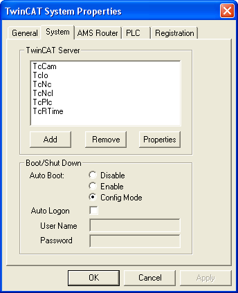 TwinCAT System Properties (pierwszy element na liście) podzielony jest najczęściej na pięć zakładek: General, System, AMS Router, PLC, Registrarion.