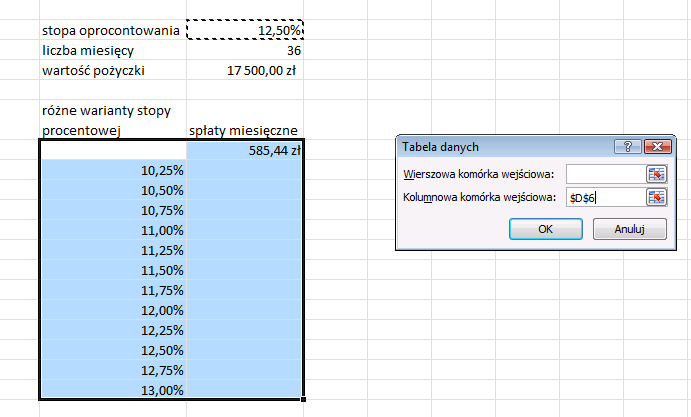 Wyliczanie różnych wariantów z użyciem opcji Tabela danych Tu jest umieszczona