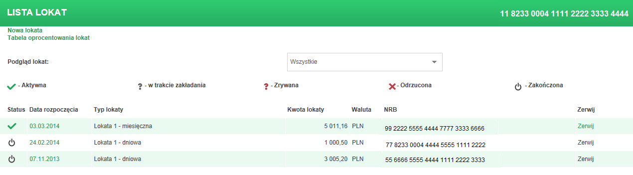 Obraz 34 Obraz 35 Obraz 36 UWAGA: w zakładce tabela oprocentowania lokat możemy sprawdzić aktualną ofertę depozytową banku. 3.6. Zlecenia Stałe Zlecenie stałe to polecenie przelewu określonej kwoty środków w regularnych odstępach czasowych z własnego konta bankowego na inne konto.