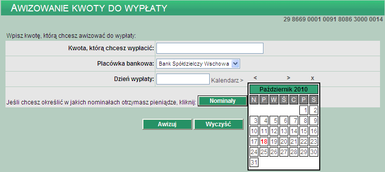 11. Awizowania Opcja umożliwia awizowanie kwot do wypłaty dzięki temu użytkownik może mieć pewność, że bank przygotował gotówkę na wypłatę w danym dniu. 11.1. Nowe awizowanie W celu wysłania awizowania należy: z menu systemu wybrać opcję Awizowania -> Nowe, lub w oknie Awizowania kwot do wypłaty wybrać funkcję Nowe awizowanie.