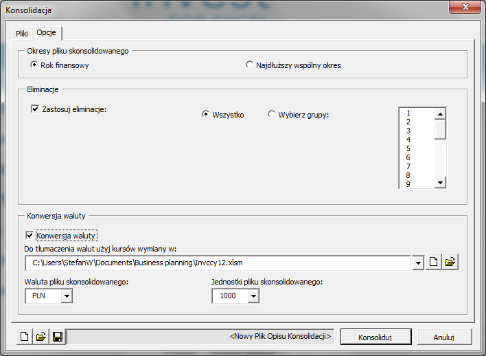 Konsolidacja z wymianą walutową By skonsolidować pliki z uwzględnieniem zmiany walut, zaznacz opcję Konwersja waluty w oknie dialogowym funkcji Konsolidacji.