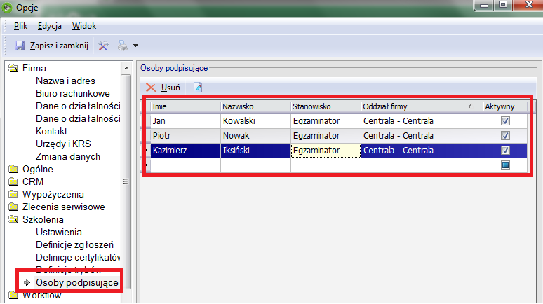 podpisujących widoczna będzie podczas generowania certyfikatów/zaświadczeń na grupie szkoleniowej. Rys 14 Definicja osób podpisujących.