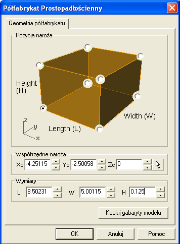 6. Ta funkcja wywołuje okno Półfabrykat prostopadłościenny. Kliknij teraz Kopiuj gabaryty modelu.