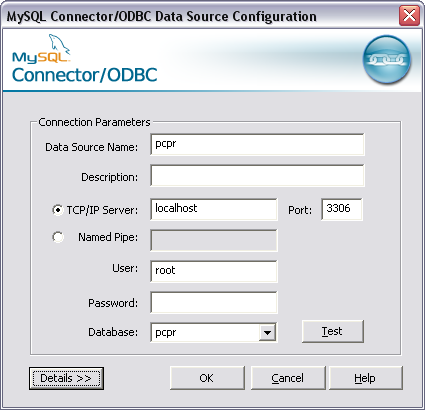 26 3. Odszukujemy na liście Źródła danych pozycję o nazwie pcpr, wybieramy ją i klikamy [Konfiguruj]. 4. Wyświetli się okno MySQL Connector/ODBC Data Source Configuration.