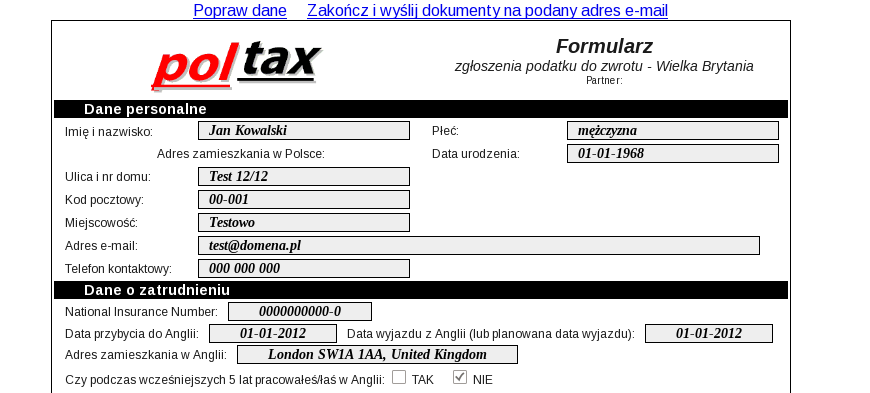 Etap 6 Dane zebrane To już ostatni etap rejestracji. Dane zostały zebrane ale przez wysłaniem dokumentów na Twojego e-maila możesz jeszcze poprawić dane, gdyby się okazało że popełniłeś/aś błąd.