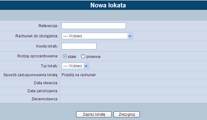 W oknie tym użytkownik definiuje, na jaki rachunek mają być zaksięgowane środki po likwidacji/zerwaniu lokaty.