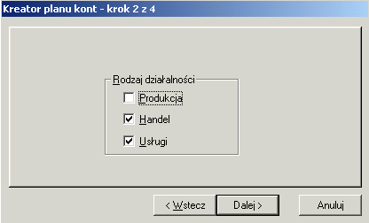 Rys. 9.129 Kreator planu kont. W aktywnym oknie naleŝy nacisnąć przycisk: działalności firmy (Rys. 9.130).. Zostanie wyświetlone pytanie o formę Rys. 9.130 Kreator planu kont/krok 1.