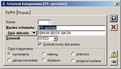[Przesuń w górę] słuŝy przenoszeniu schematu księgowań o jedna pozycję w górę na liście. [Przesuń w dół] słuŝy przenoszeniu schematu księgowań o jedna pozycję w dół na liście.