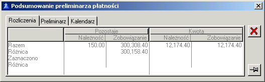 [Podsumowanie] uaktywnia okno: Podsumowanie preliminarza płatności (przycisk jest aktywny tylko na listach zawęŝających płatności, zapisy kasowe/bankowe do jednej waluty). Rys. 9.