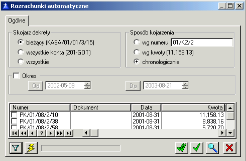Rys. 9.78 Rozrachunki automatyczne. W aktywnym oknie naleŝy zaznaczyć dekret, który ma zostać rozrachowany. Skojarz dekrety.