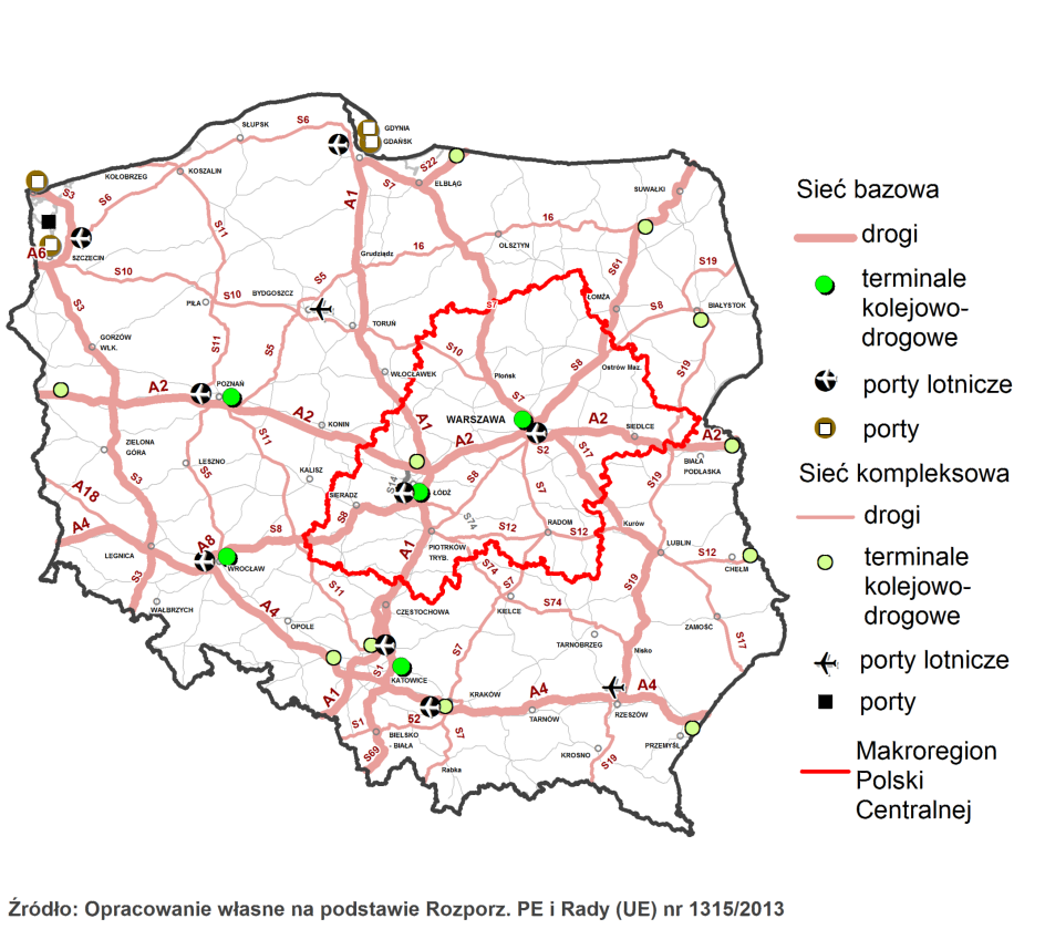 37 Położenie makroregionu w centralnej części Polski, na przecięciu dwóch z dziewięciu Transeuropejskich Korytarzy Sieci Bazowej - Bałtyk-Adriatyk i Morze Północne-Bałtyk, stwarza ogromne szanse