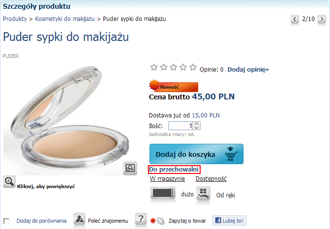 Str. 268 Moduł isklep24 v. 6.1 Rys. 387 Funkcja: Dodaj do przechowalni dostępna z poziomu Pluginu Prezentacja produktu.