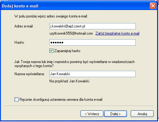 Następnie uruchomi się kreator, z którego wybieramy opcję Konto e-mail. W kolejnym oknie w polu Adres e-mail wpisujemy adres mailowy, np. j.kowalski@ajd.czest.