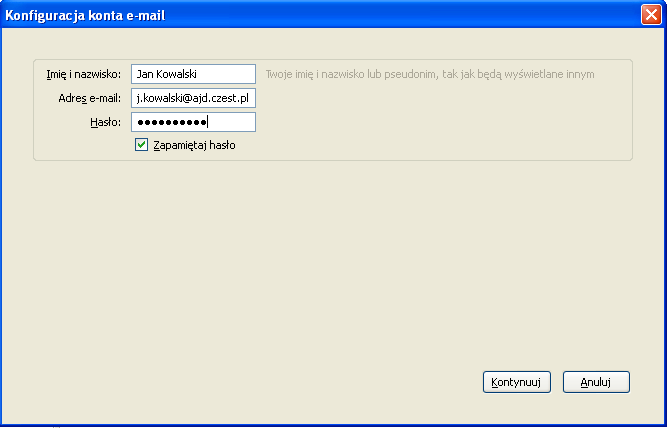 4. Konfiguracja klienta pocztowego Mozilla Thunderbird KONFIGURACJA USTAWIEŃ KONTA POCZTOWEGO Po instalacji programu Mozilla Thunderbird uruchamia nam się kreator Konfiguracji nowego konta e-mail, w
