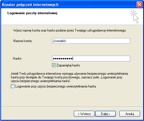 W kolejnym oknie w polu Hasło wpisujemy poprawnie hasło do swojego konta pocztowego.
