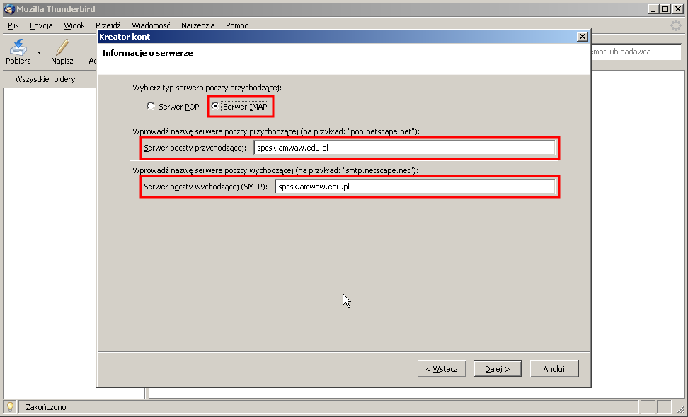 2.3 Zaznacz Serwer IMAP oraz wprowadź adres spcsk.