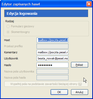 Po wybraniu wskazanego użytkownika, otworzy się okno Edytor zapisanych haseł, który umożliwi zmianę hasła. Przycisk Pokaż umożliwi podejrzenie obecnego hasła.