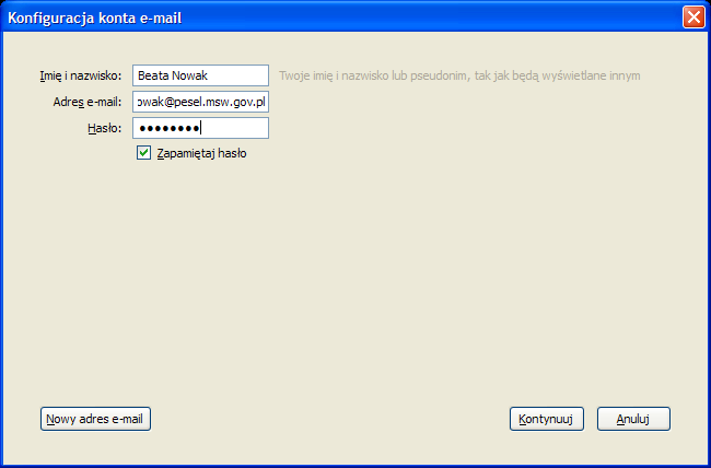 Rys 2 Konfiguracja konta e-mail 3. Następnie zostaniemy poproszeni o skonfigurowanie serwerów poczty (Rys 3). Serwer poczty przychodzącej POP3 Adres serwera poczta.pesel.msw.gov.