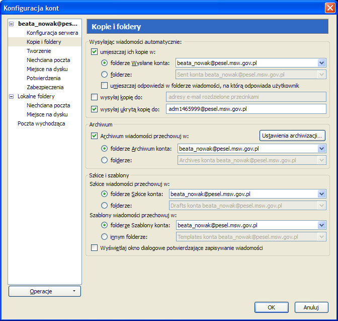 Po zakończeniu konfiguracji klikamy przycisk OK. Rys 7 Konfiguracja konta kopie i foldery 7. W następnym kroku ustawiamy stopkę dla użytkownika.