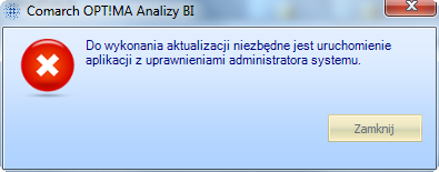 Kliknięcie przycisku Rozpocznij aktualizację spowoduje konwersję baz danych do najnowszej wersji. Aktualizacji należy dokonać w trybie administratora.