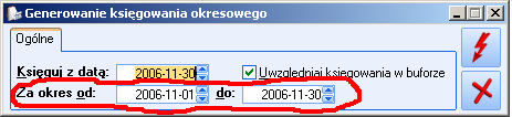 JeŜeli w definicji kwoty Księgowania okresowego uŝyjemy wyraŝeń '&DataOdSQL&' lub '&DataDoSQL to będą się one odwoływały do dat Za okres na formatce, która pojawia się przed uruchomieniem Księgowania