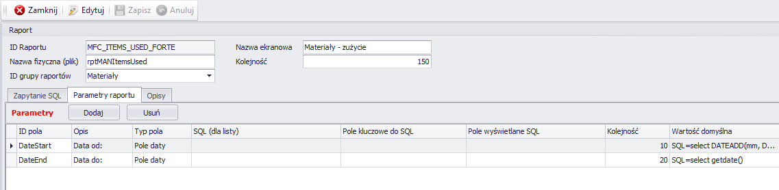 3 Warunki typu data Przy zdefiniowaniu warunku typu data, w oknie wywołania raportu system wygeneruje pole wyboru daty.