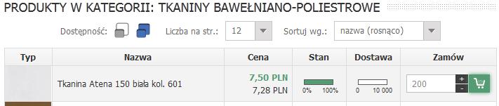 Aby dodać produkty do koszyka należy przy opisie wybranego asortymentu wpisać zamawianą ilość, po czym przycisnąć zielony przycisk z symbolem kosza.