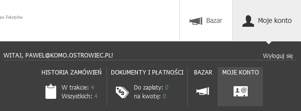 4. Moje konto, jako element menu głównego Jeden z elementów menu głównego, w którym znajdą Państwo informacje na temat historii zamawianych towarów oraz dokumentów i płatności za towary.