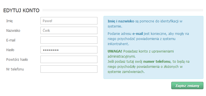 Widok okna Moje konto Znajdą tutaj Państwo informacje o koncie klienckim, dane Państwa firmy, adres do korespondencji, adres dostaw oraz będą mogli Państwo tworzyć dodatkowe konta