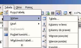 Tabele w dokumentach Wstawianie tabeli Aby do tworzonego dokumentu dodać tabelę, należy: w menu Tabela wybrać polecenie Wstaw, a następnie Tabela, W oknie Wstawianie tabeli wpisać liczbę potrzebnych