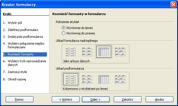 W kolejnym kroku istnieje możliwość zdefiniowanie podformularza. Jest to szczególnie istotne w przypadku obsługi danych rozbitych na dwie lub więcej tabel.