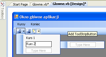 Rysunek 10. Tworzenie elementu paska narzędziowego Po utworzeniu elementu paska narzędziowego SplitButton rozwijalny przycisk ponownie rozwijamy menu w kolejnym elemencie i wybieramy Buton.