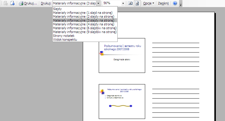 Podgląd wydruku to doskonały sposób przygotowania pokazu do drukowania. Można do niego przejść, klikając przycisk Podgląd wydruku.