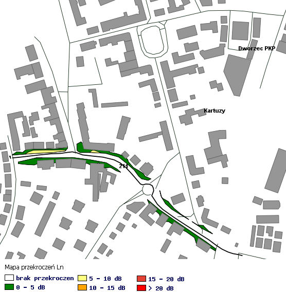 Green Ke y Dla zobrazowania oddziaływania hałasu na terenach miejskich przedstawiono natomiast poniżej fragmenty map akustycznych, dla odcinków dróg wojewódzkich nr 211 i 224, przebiegających przez