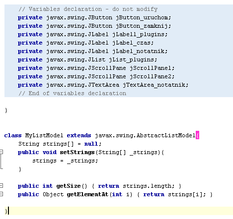 Rozbudowa aplikacji głównej class MyListModel extends javax.swing.