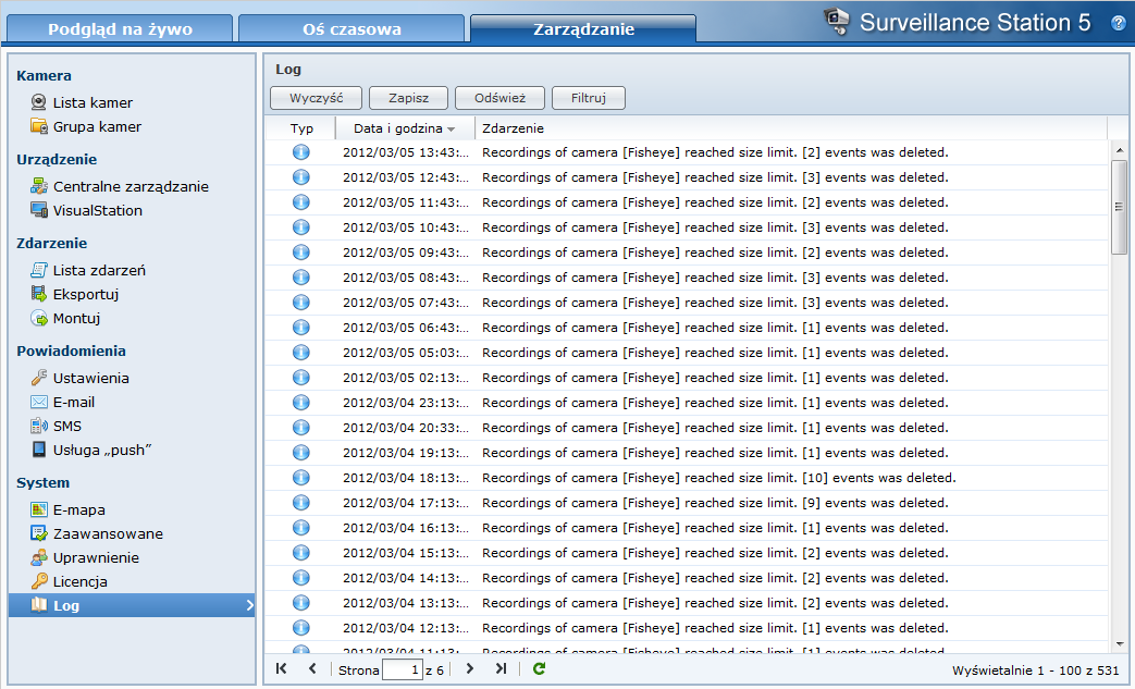 Wyświetlanie logów Przejdź do opcji System > Log w sekcji Zarządzanie, aby wyświetlić rekordy logów zdarzeń krytycznych, takich jak odłączenie kamery lub zmiana jej ustawień, i zarządzać nimi.