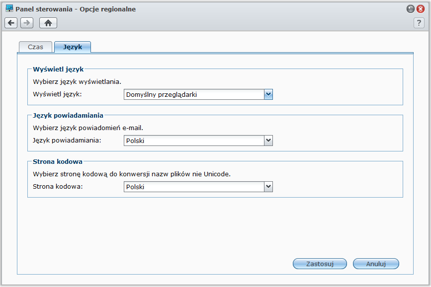 Modyfikowanie opcji regionalnych Synology DiskStation Przewodnik użytkownika Aby zmienić następujące opcje regionalne, przejdź do opcji Menu główne > Panel sterowania > Opcje regionalne.