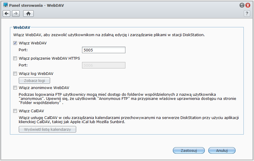 Dostęp do plików przy użyciu protokołu WebDAV Po włączeniu usługi WebDAV lub CalDAV (w Menu główne > Panel sterowania > WebDAV) można zdalnie zarządzać plikami lub kalendarzami