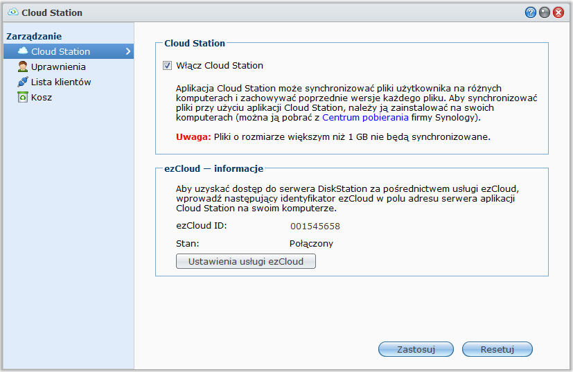 Synchronizacja plików przy użyciu usługi Cloud Station Cloud Station to usługa udostępniania plików, która umożliwia skonfigurowanie serwera DiskStation jako centrum synchronizowania plików pomiędzy