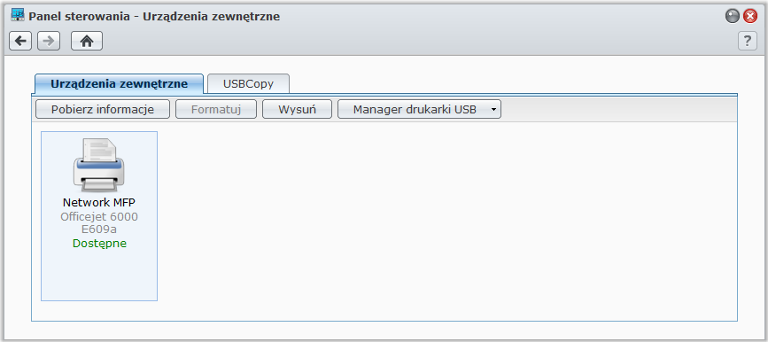 Ustawianie serwera Synology DiskStation jako serwera druku Przejdź do opcji Menu główne > Panel sterowania > Urządzenia zewnętrzne, aby ustawić DiskStation jako serwer druku w sieci lokalnej,