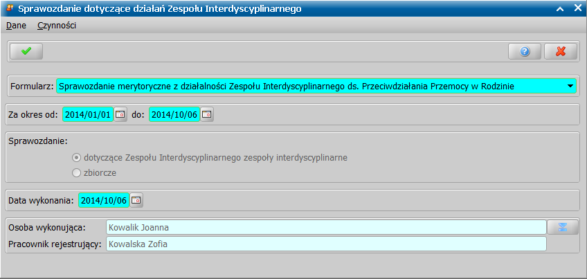 Rodziny dotknięte przemocą Sprawozdania W celu wykonania sprawozdania w głównym oknie systemu na zakładce Zespół Interdyscyplinarny wybieramy przycisk Sprawozdania.