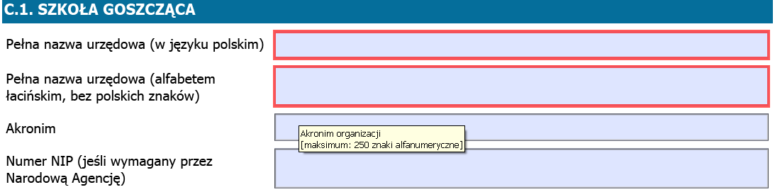 Rys. 1 Rodzaje pól w Formularzu wniosku Aby wyróżnić pola obowiązkowe, proszę użyć funkcji Podświetl pola w panelu informacyjnym. Rys.