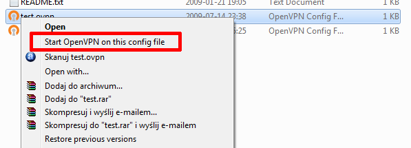 Konfiguracja klienta OpenVPN na Windows 7 1) Pobieramy stabilną wersje OpenVPN z GUI z adresu np.: http://openvpn.se/files/install_packages/openvpn-2.0.9-gui-1.0.3-install.