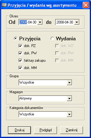 12.2. PRZYJĘCIA / WYDANIA WG ASORTYMENTU Raport ten pozwala na ilościowe i wartościowe zestawienie przyjęć lub wydań towarów według zadanego okresu dla wybranej grupy oraz wybranym magazynie.