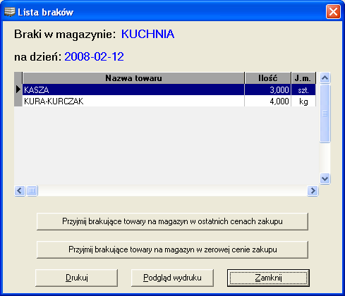j Rys. 21. Lista braków w magazynie. 7.1.2. Usuwanie produkcji. Funkcja usuwania produkcji powoduje bezpowrotne skasowanie danych o niej z rejestru produkcji.