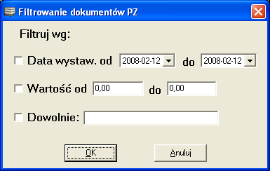 wyświetlenie okienka (Rys. 25), w którym ustalamy wszystkie kryteria filtrowania. Rys. 25. Filtrowanie listy dokumentów PZ. 8.1.8. Sortowanie listy dokumentów PZ.
