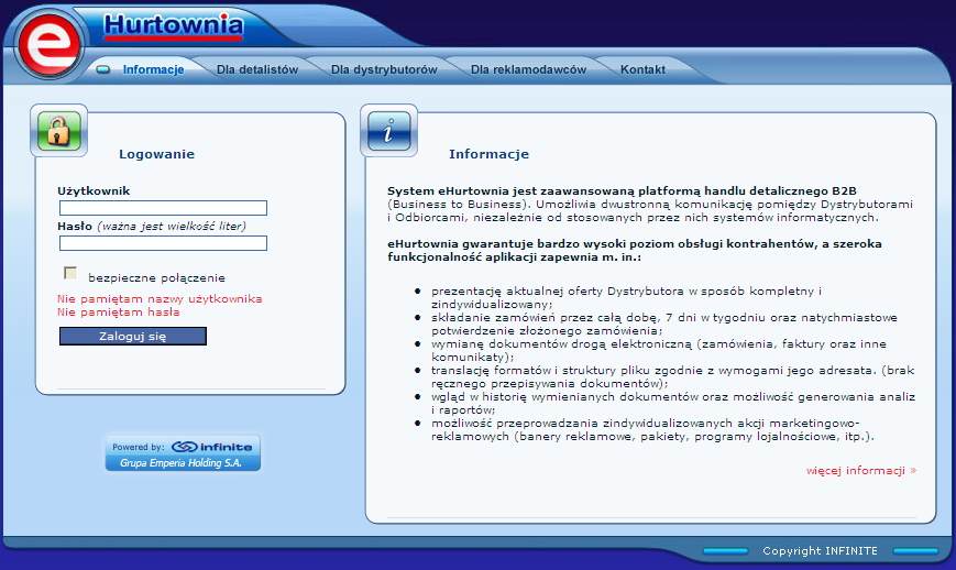 1. ehurtownia Online 1.1 Logowanie Po wpisaniu w przeglądarce internetowej adresu tradis.ehurtownia.pl pojawi się strona powitalna na której należy wybrać zaloguj się.
