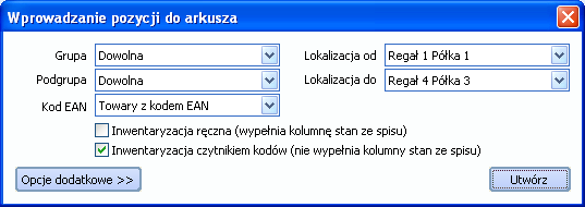 opcję Inwentaryzacja czytnikiem kodów oraz ewentualnie wskazać lokalizację lub grupę towarową, która będzie spisywana.